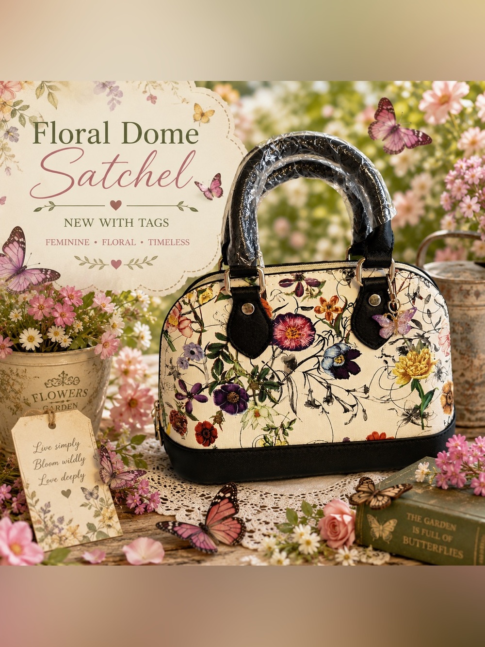 NWOT Floral Dome Satchel Handbag w/ Butterfly Charm Cream Black Structured Purse
